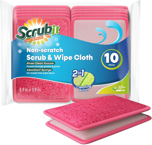 Scrub and Wipe Scrubbing Pads [10 Pack] – SCRUBIT Dual Sided Scouring Pad and Sponge - Reusable