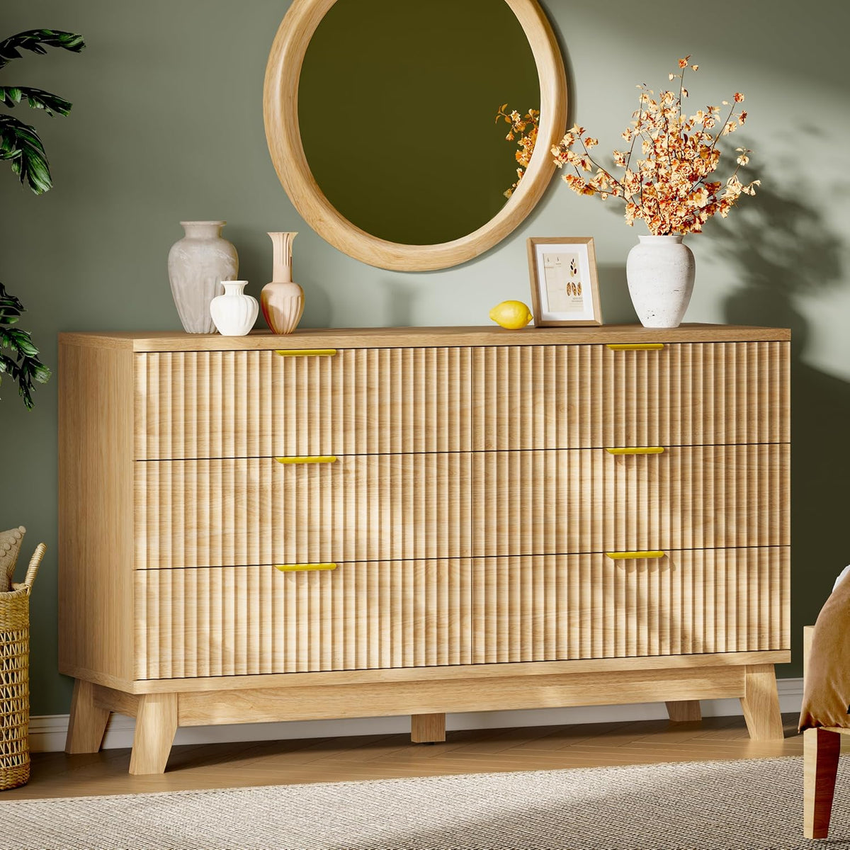 Fluted Dresser with 6 Drawers, 54" Wide Modern Chest of Drawers with Metal Handle, Wooden Dresser