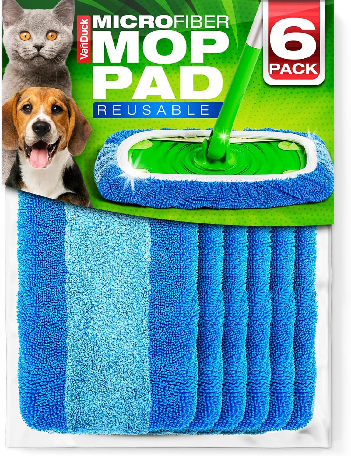 VanDuck Reusable Pet Heavy Duty Mop Pads Compatible with Swiffer Sweeper (6-Pack) - Washable