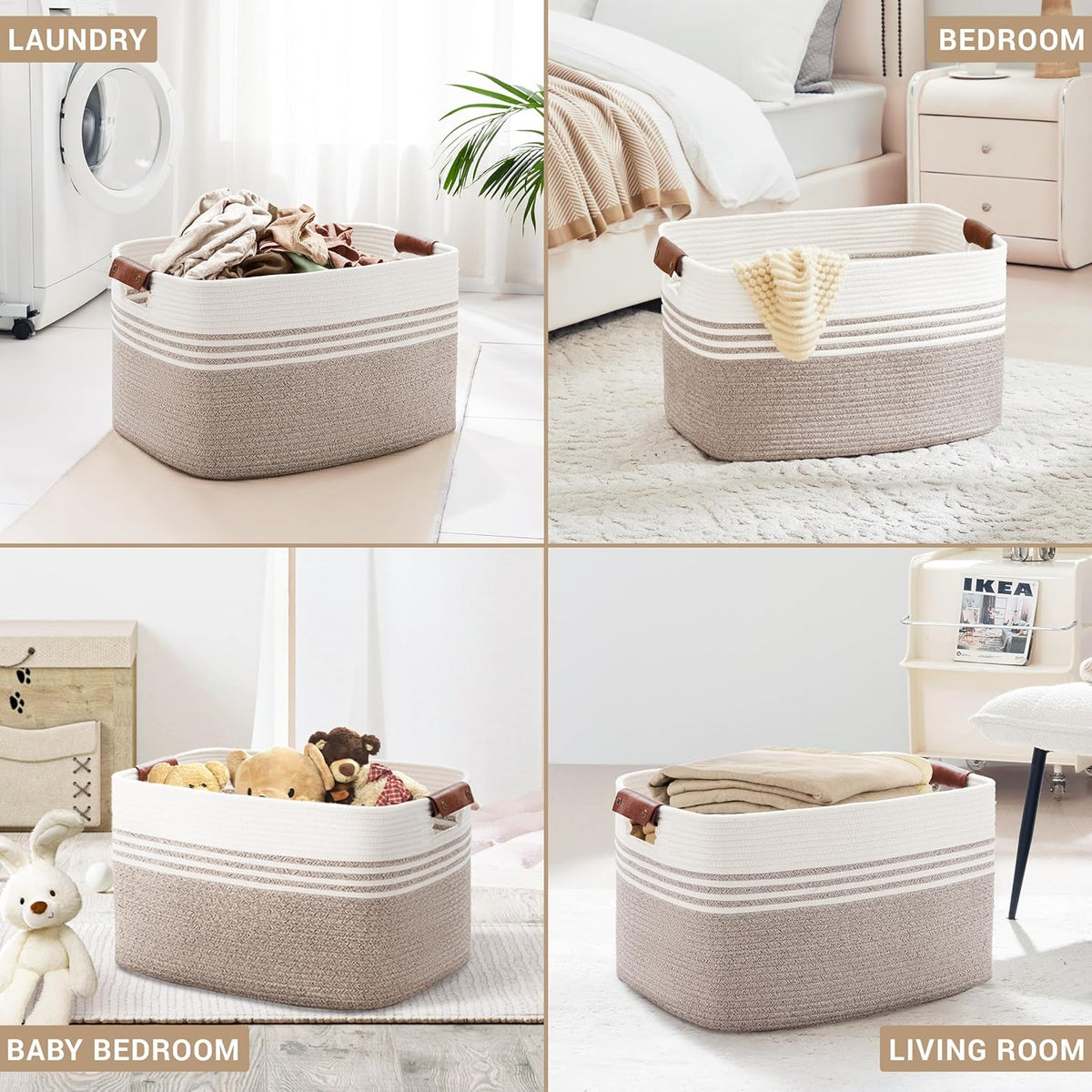 86L Extra Large Laundry Basket with Leather Handles for Living Room Storage, Woven Rope Baskets for