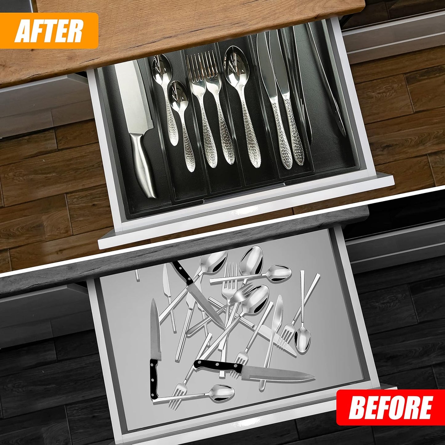 Bellsal Black Silverware Organizer Kitchen Drawer Organizer Expandable Bamboo Utensil Holder