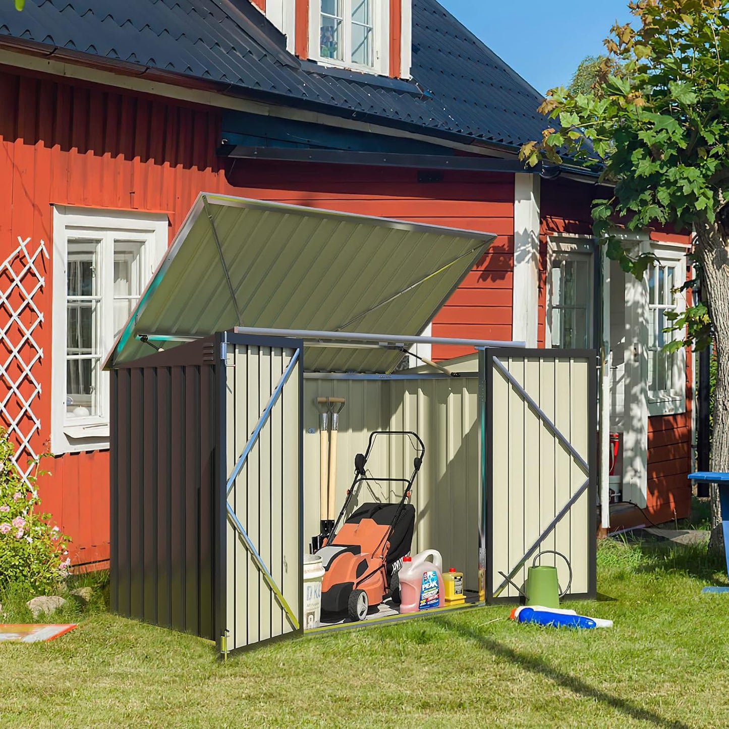 Greesum 5.8x3.3 FT Outdoor Storage Shed Metal Garbage Shed with Lid Chain Hydraulic Gas Rod for