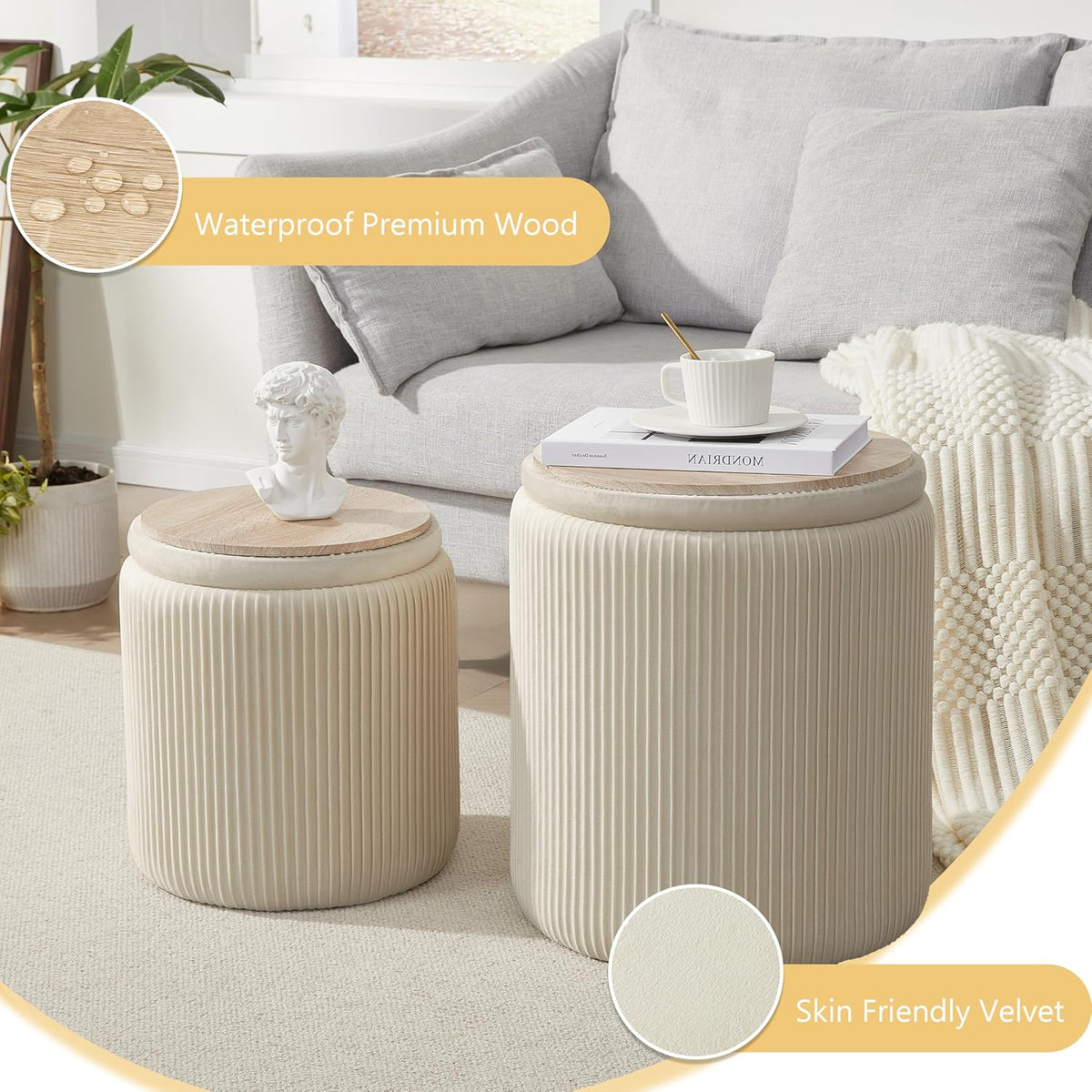 Round Ottoman with Storage Set of 2,Vanity Stool with Storage for Bedroom, Ottoman Coffee