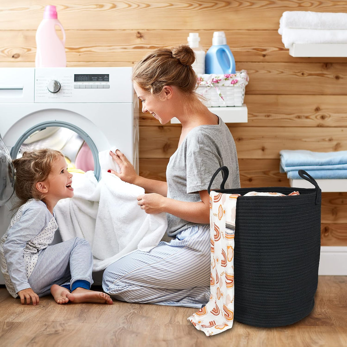 Black Cotton Rope Laundry Basket Hamper for Clothes Woven Storage Basket for Living Room Bedroom