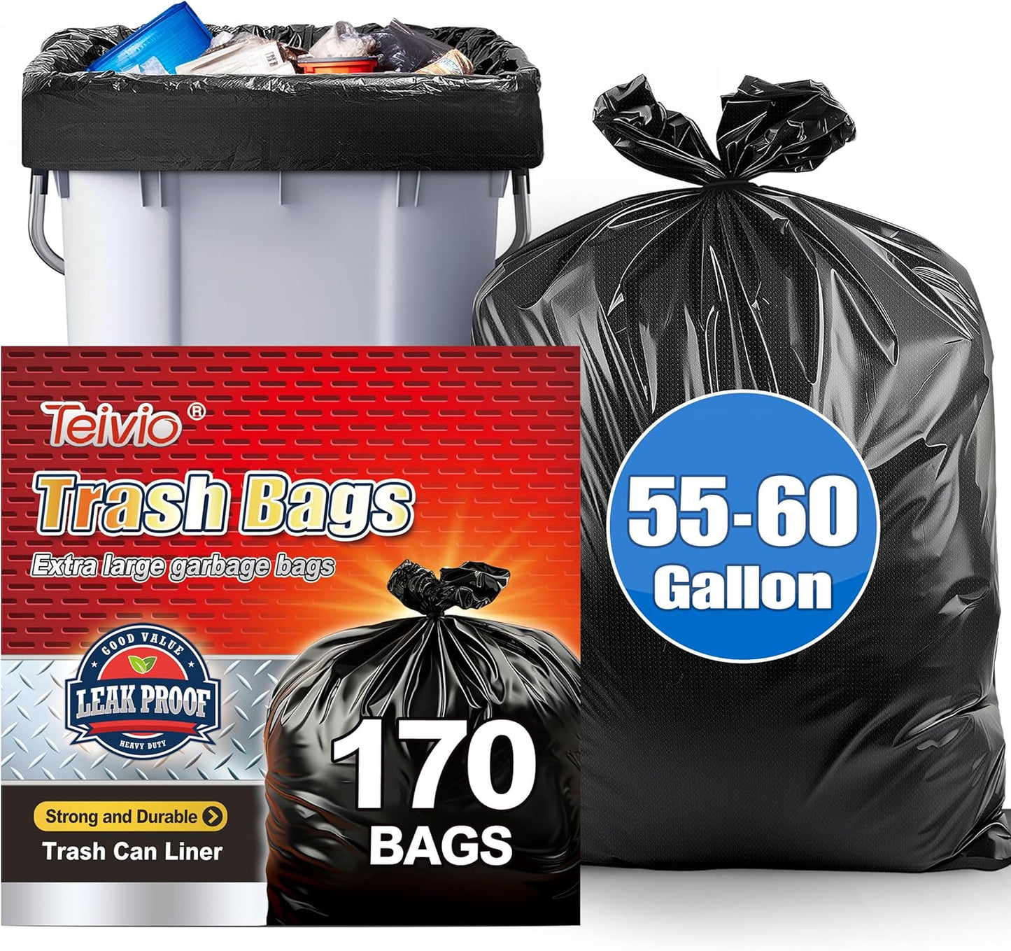 Teivio 55-60 Gallon Black Trash Bags | 170 Bags Extra Large Multi-Use Heavy Duty Commercial Garbage