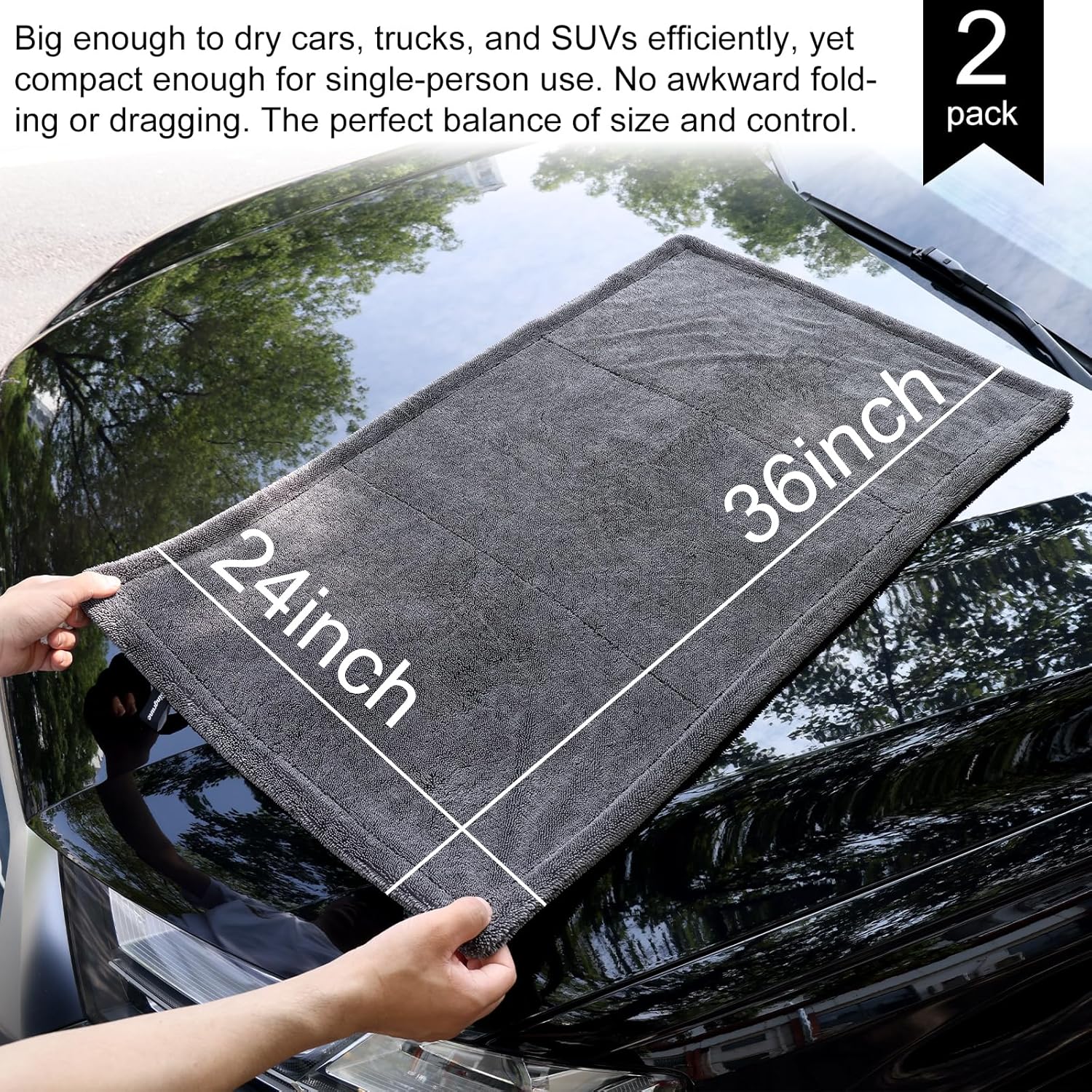 2 Pack XL Car Drying Towel – 1300GSM Ultra Absorbent Microfiber, 24"x36" Large Size, Twisted Loop
