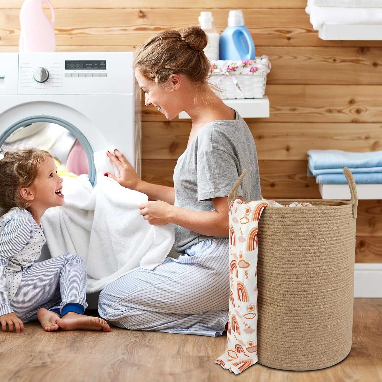 Cotton Rope Laundry Basket Hamper for Clothes Woven Storage Basket for Living Room Bedroom Boho