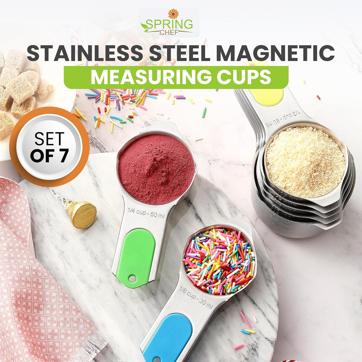Spring Chef Magnetic Stainless Steel Measuring Cups, Patented, Kitchen Tools with Easy to Read