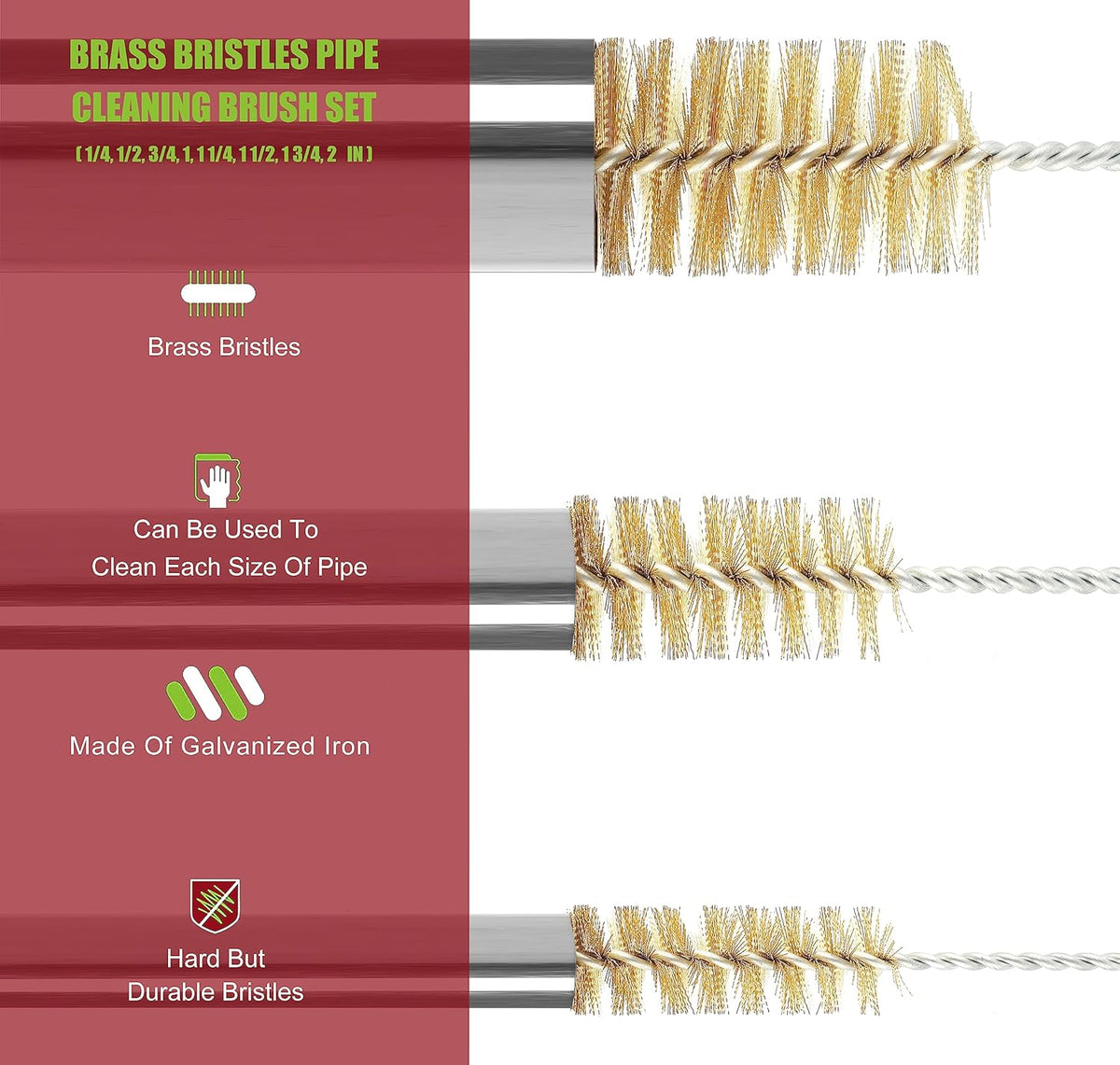 16 Inch Extra Long Pipe Cleaning Brush Set with Brass Bristles, 8 Piece Variety Pack for Auto