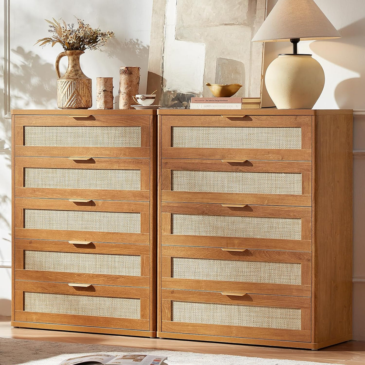 LEYAOYAO Rattan Dresser for Bedroom Set 2, 41" Tall Chest of Drawers, Modern 5 Drawers Boho