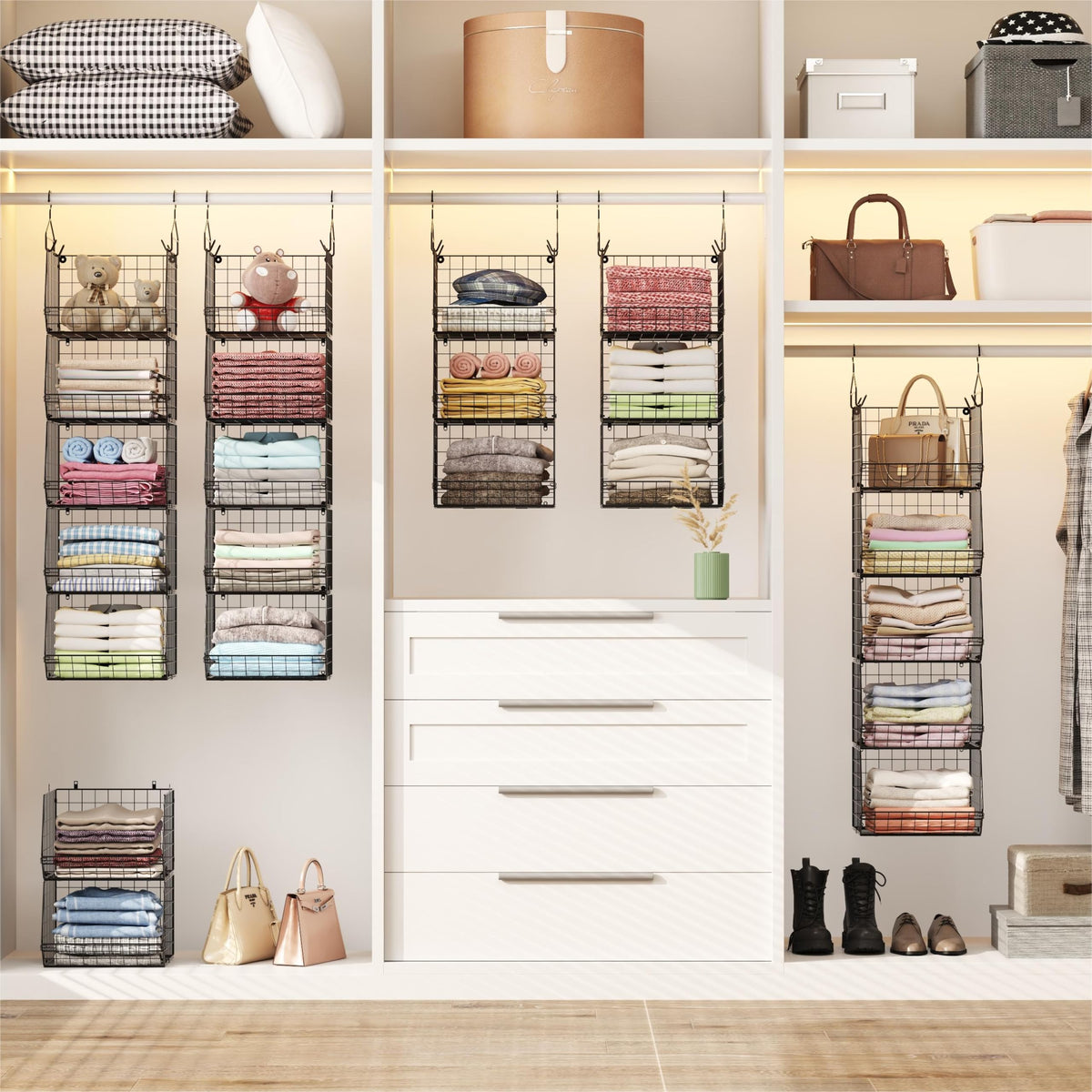 X-cosrack 5 Tier Closet Hanging Organizer, Clothes Hanging Shelves with 4 Hanging Hooks 5 S Hooks
