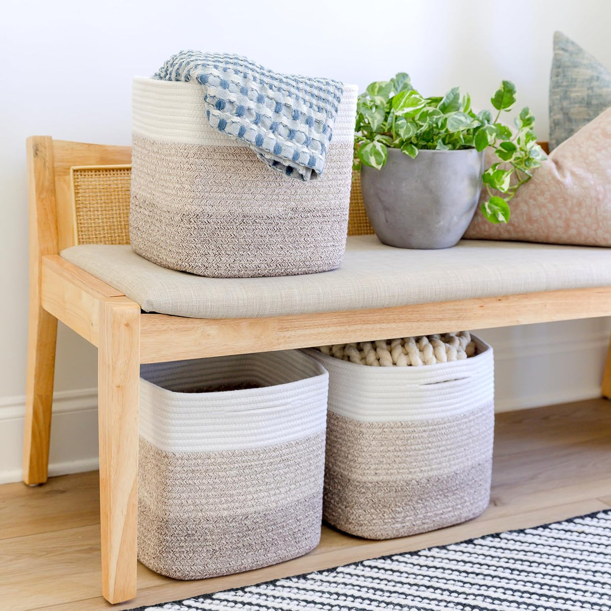 NaturalCozy Storage Cubes 11 Inch Cotton Rope Woven Baskets for Organizing, 3-Pack | Cube Storage