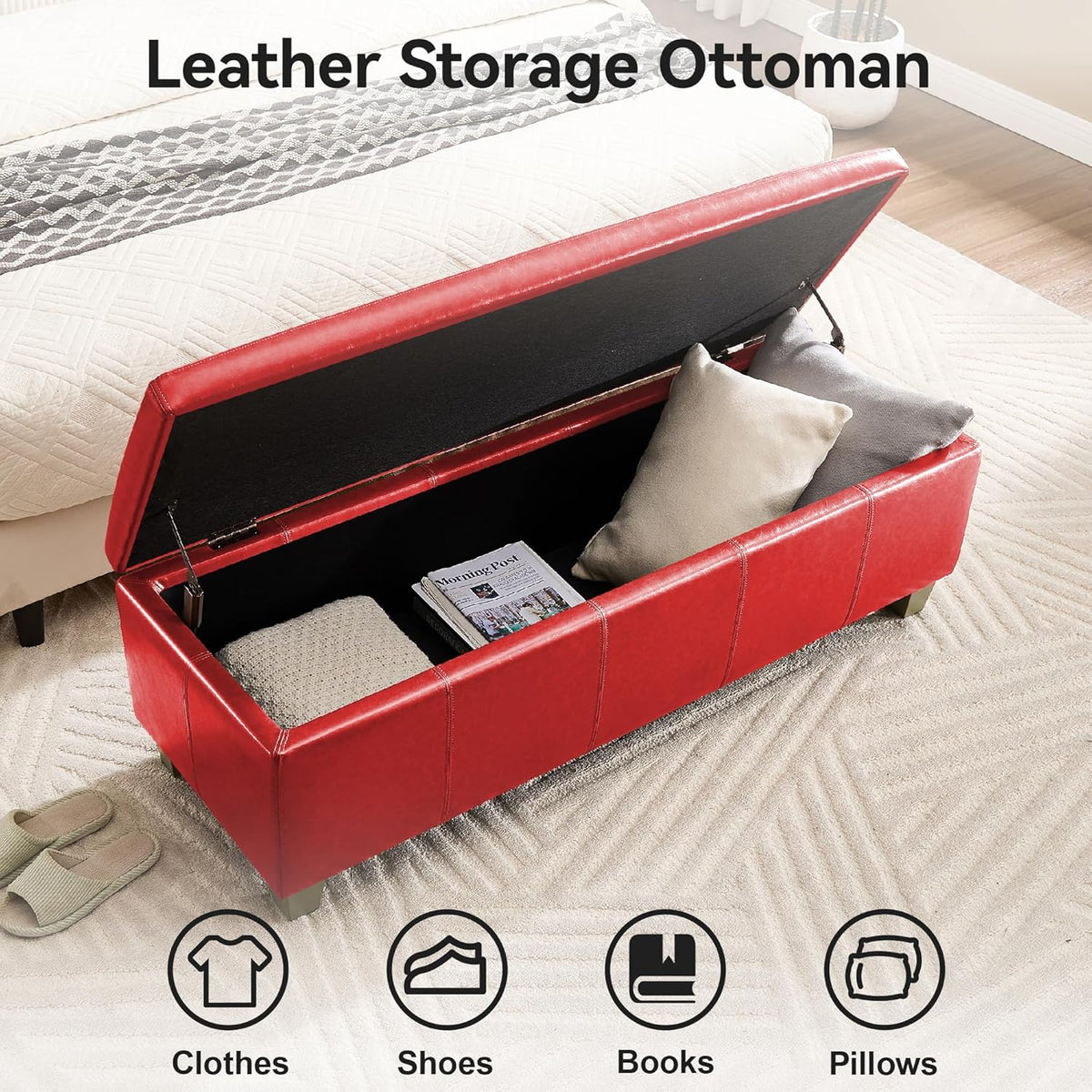 41" Faux Leather Storage Ottoman, Stitch Tufted Rectangle Upholstered End of Bed Storage Bench