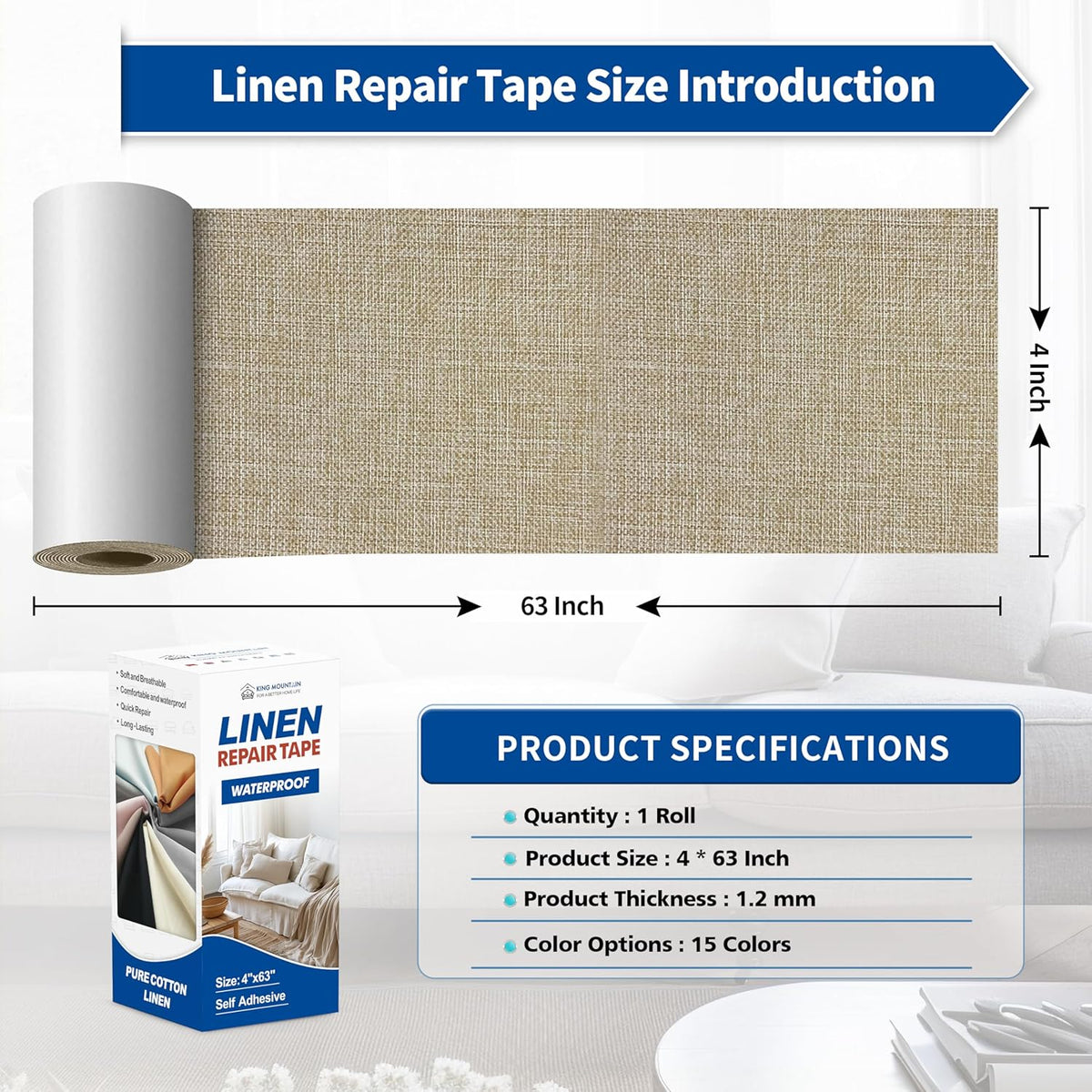 KING MOUNTAIN Linen Repair Patches, Self-Adhesive Fabric Patches, 4 X 63 inch Extra Size, Multi