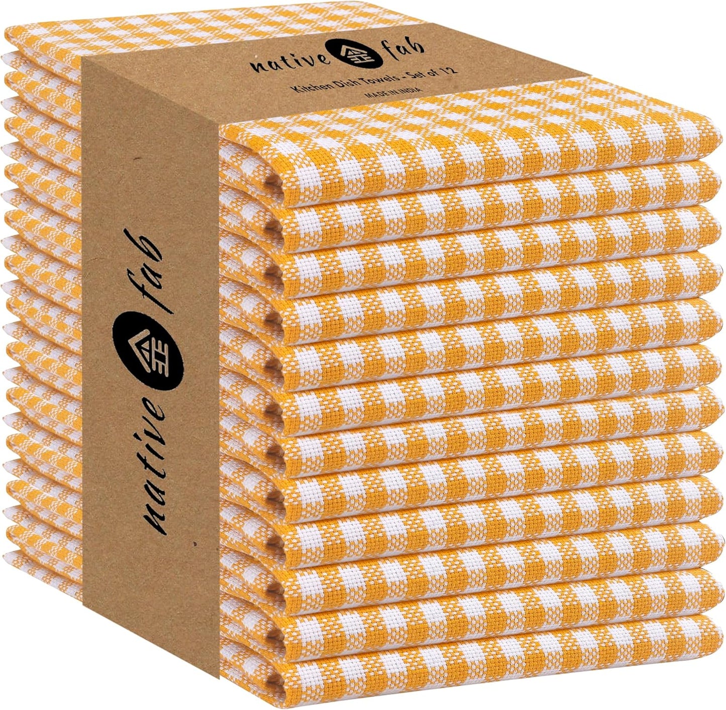 Native Fab 12 Pack Mini Check Yellow Kitchen Towels 16"x26" - Gingham Plaid Cotton Dish Towels