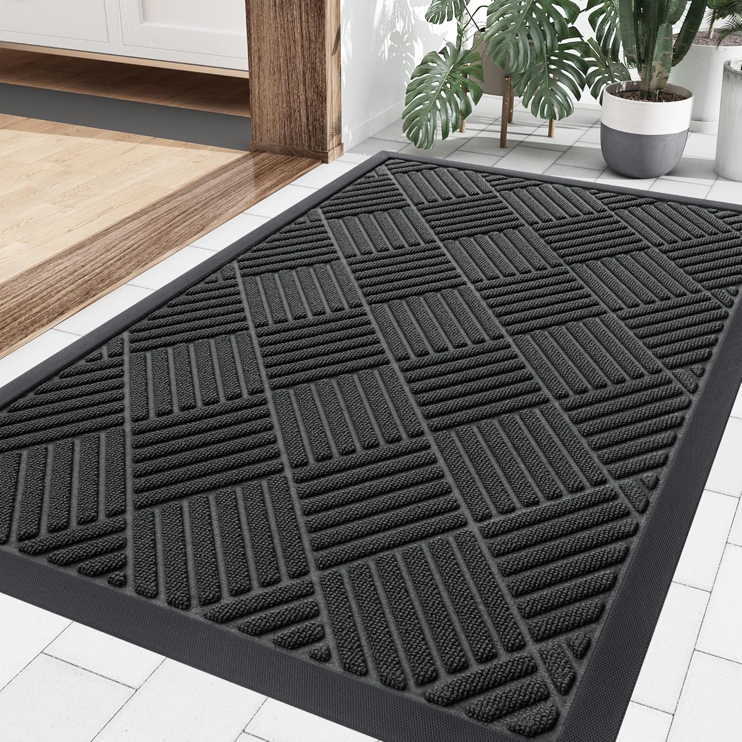 Smiry Front Door Mat Outside Entrance, Heavy Duty Outdoor Indoor Natural Rubber Doormat, Non Slip