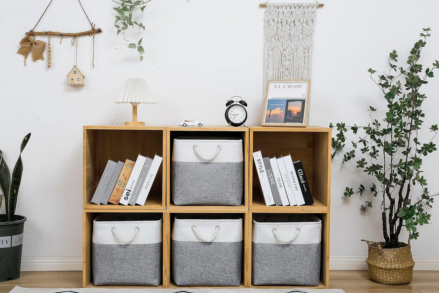 13 x 13 Inch Cube Storage Bins, 4 Pack Large Collapsible Fabric Storage Bin with Ropes, Foldable