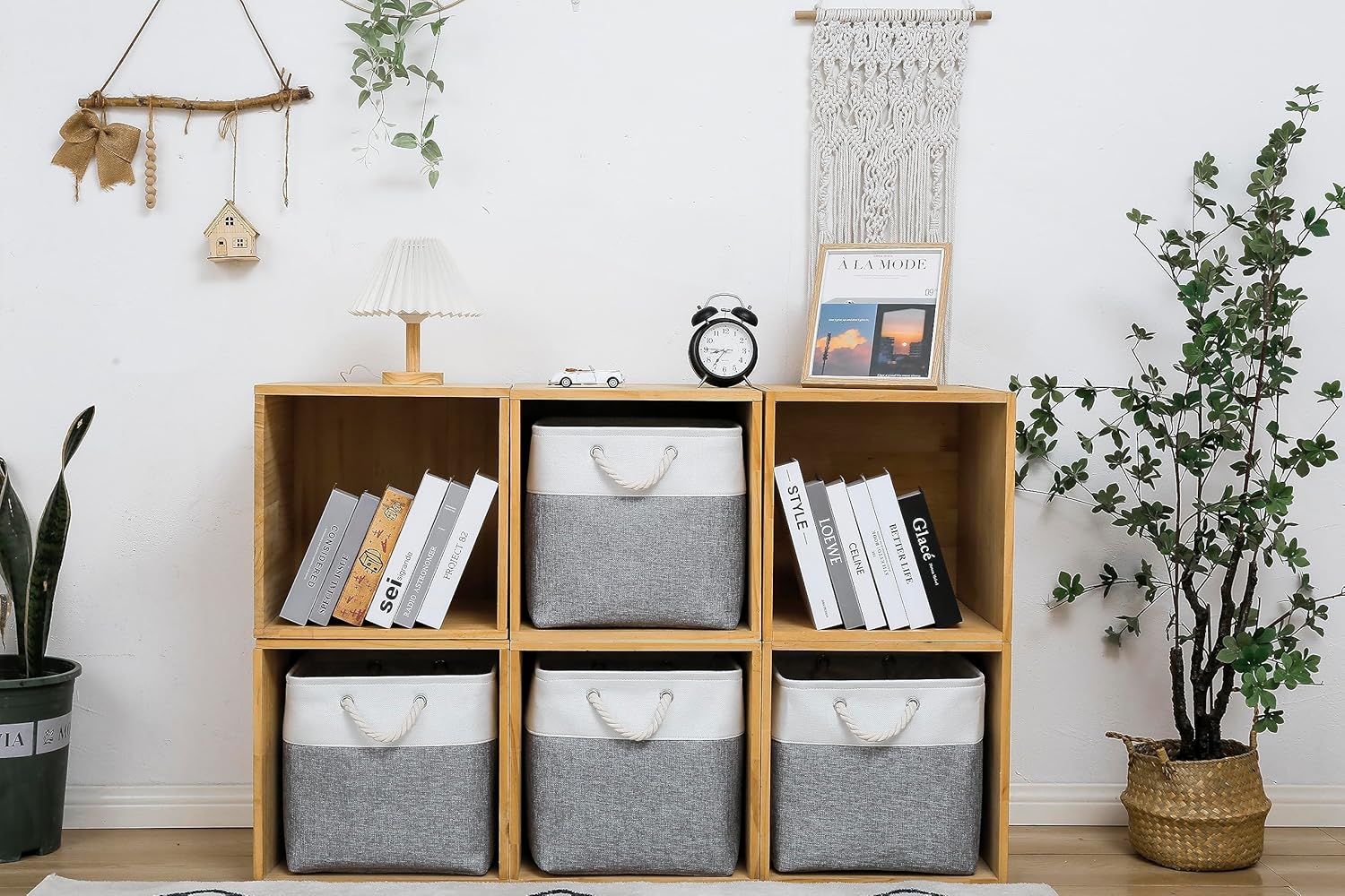 13 x 13 Inch Cube Storage Bins, 4 Pack Large Collapsible Fabric Storage Bin with Ropes, Foldable