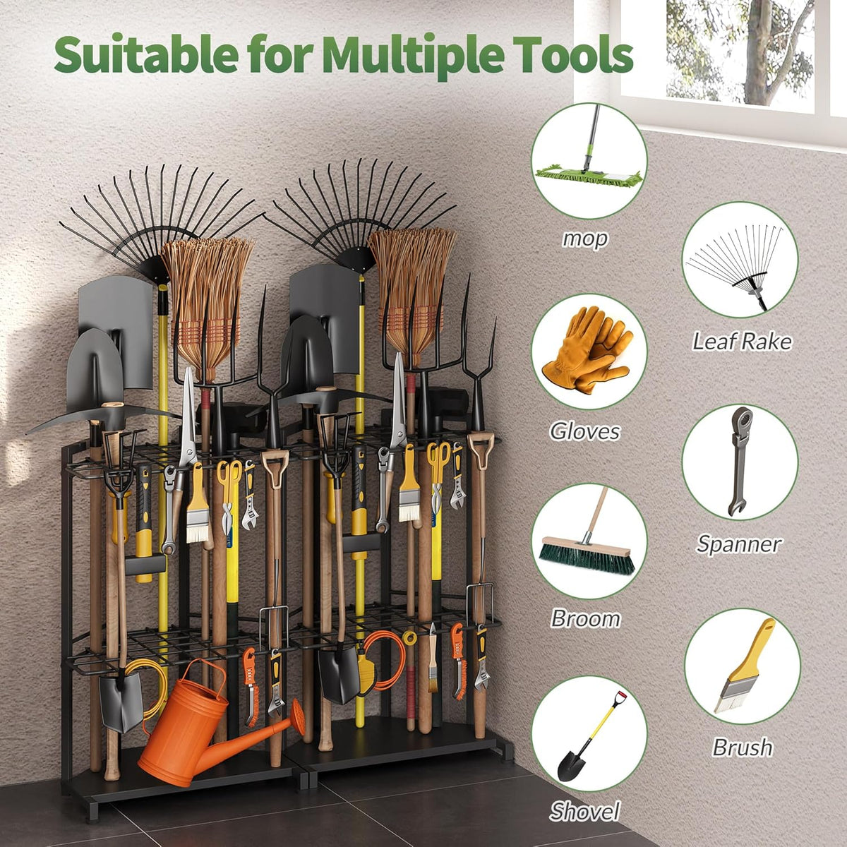 Garden Tool Organizer for Corner - Heavy Duty Metal Rack with 34 Storage Compartments & 14 Hooks