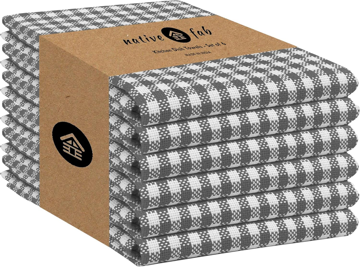 Native Fab Gingham Kitchen Towels 6 Pack, 100% Cotton 16x26 Inch, Absorbent & Washable Tea Towels