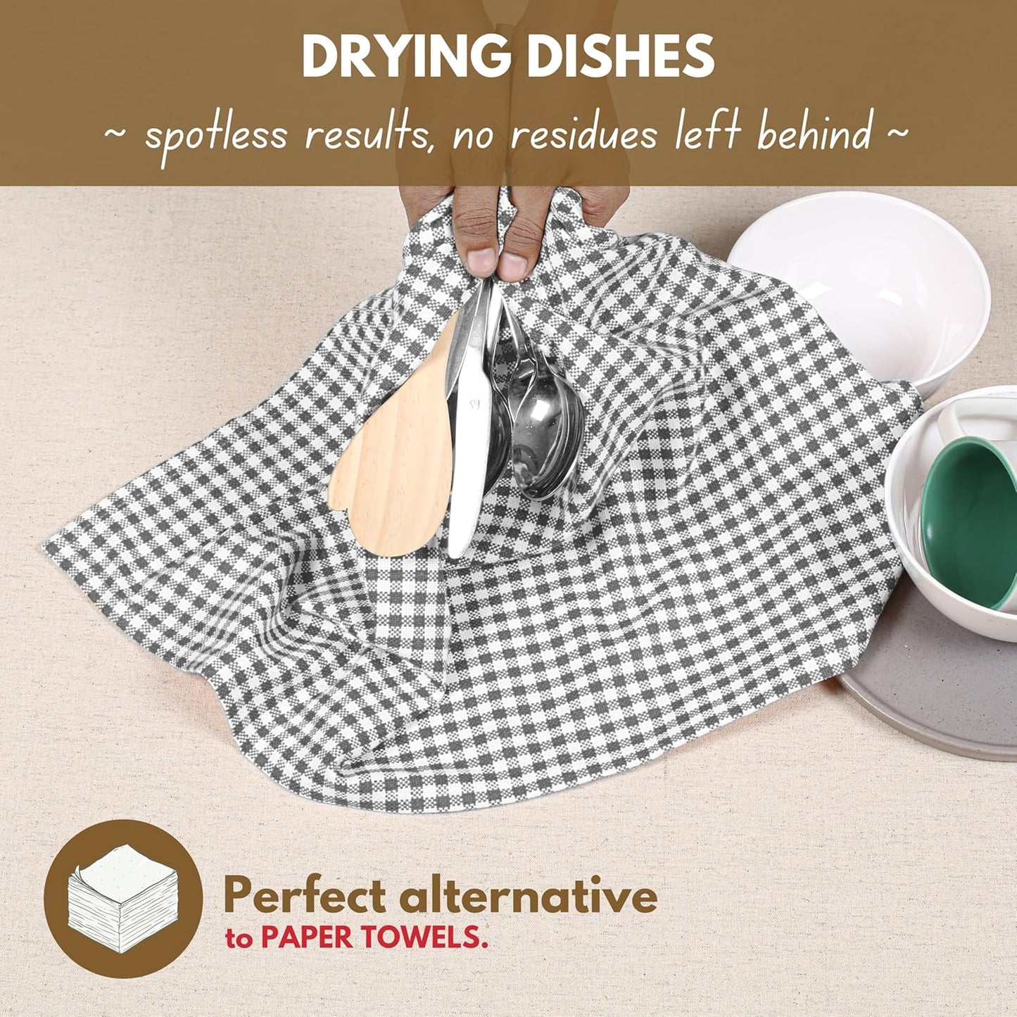 Native Fab 12 Pack Gingham Mini Check Kitchen Dish Towel Cotton Durable Washable 16"x26" - Tea