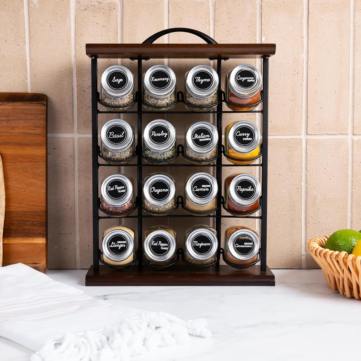 Orii 16 Jar Acacia Wood & Metal Wire Spice Rack with Spices Included, Storage for Spices and