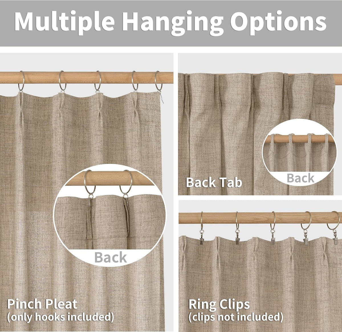 YoungsTex Oatmeal Linen Semi Sheer Curtains 63 Inch Length for Living Room, Light Filtering Window