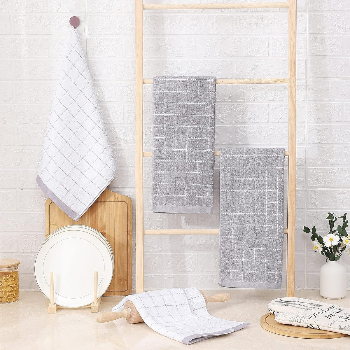 Homaxy 100% Cotton Terry Kitchen Towels(White and Light Grey, 13 x 28 Inches), Checkered Designed