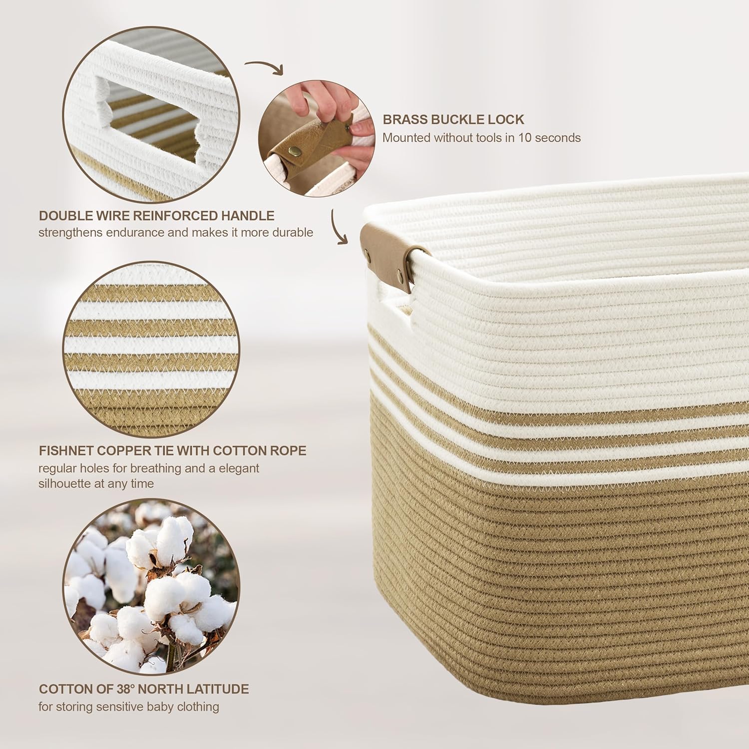 60L Large Laundry Basket with Leather Handles for Living Room Storage, Woven Rope BasketsBin for