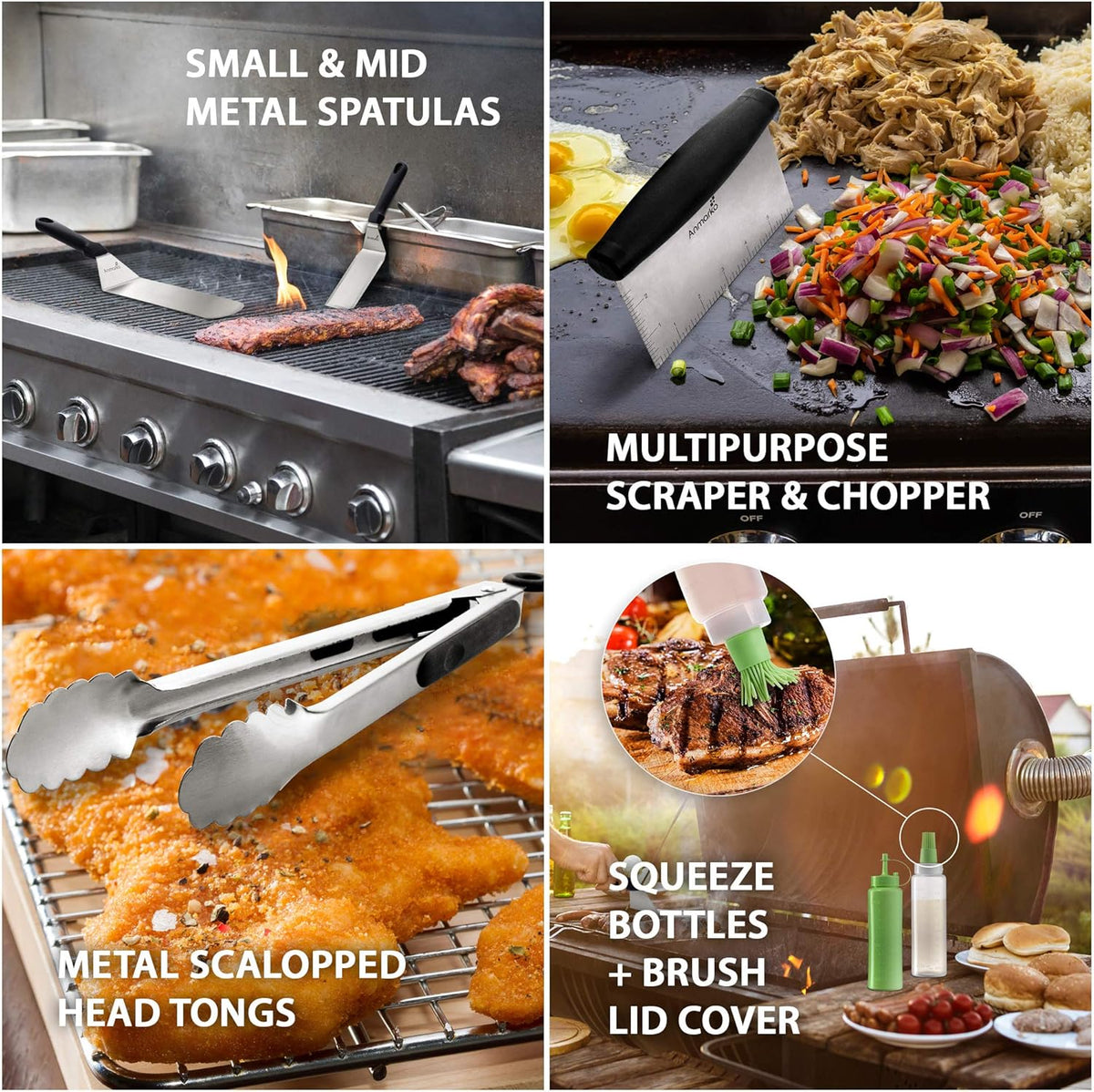 Metal Spatula Set Stainless Steel and Scraper - Professional Chef Griddle Spatulas Set of 6 - Heavy