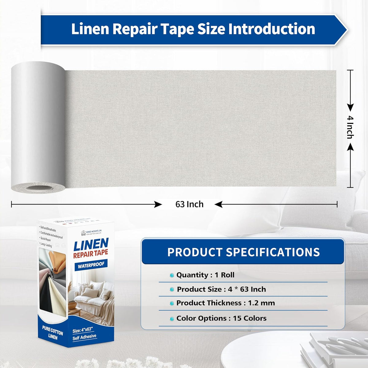 KING MOUNTAIN Linen Repair Patches, Self-Adhesive Fabric Patches, 4 X 63 inch Extra Size, Multi
