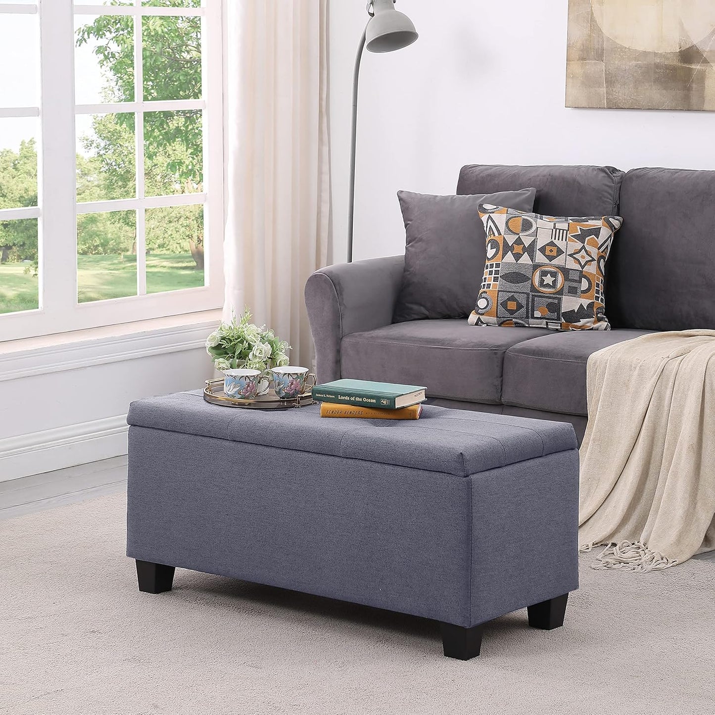 Hinged Storage Ottoman Set of 3, 38'' Living Room Storage Bench with Thick Seating, 2pcs Small