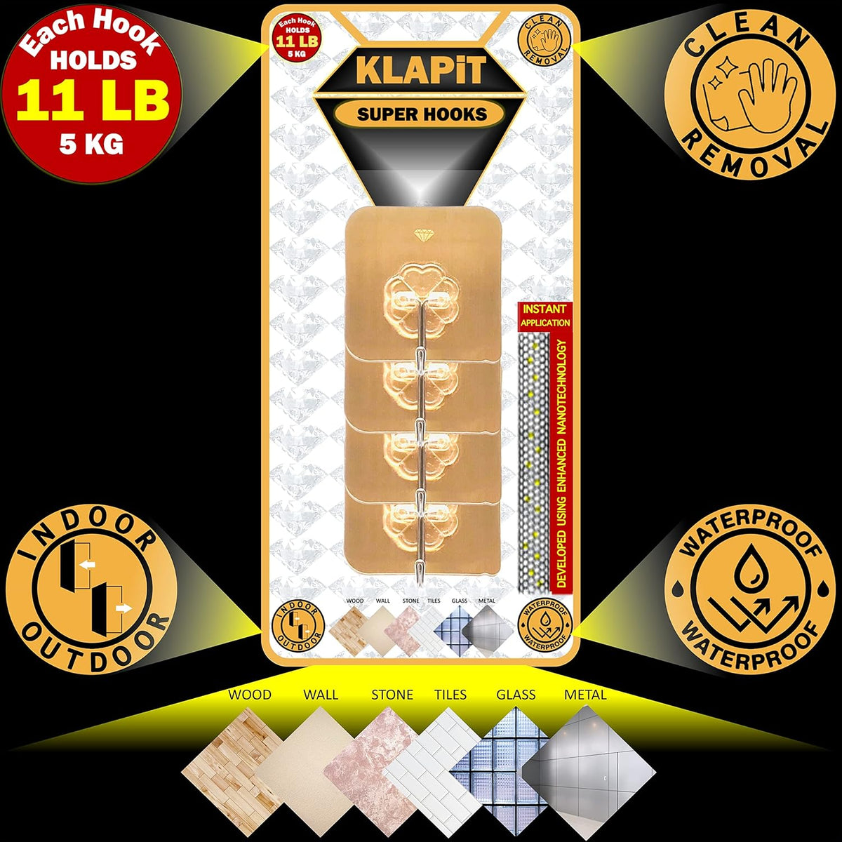 KLAPiT Super Hook - Heavy-Duty Adhesive Gold Wall Hooks, Holds Up to 11 lbs, Waterproof, No Damage