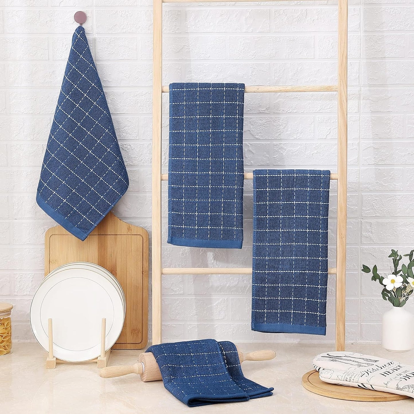 Homaxy 100% Cotton Terry Kitchen Towels(Navy Blue, 13 x 28 inches), Checkered Designed, Soft and