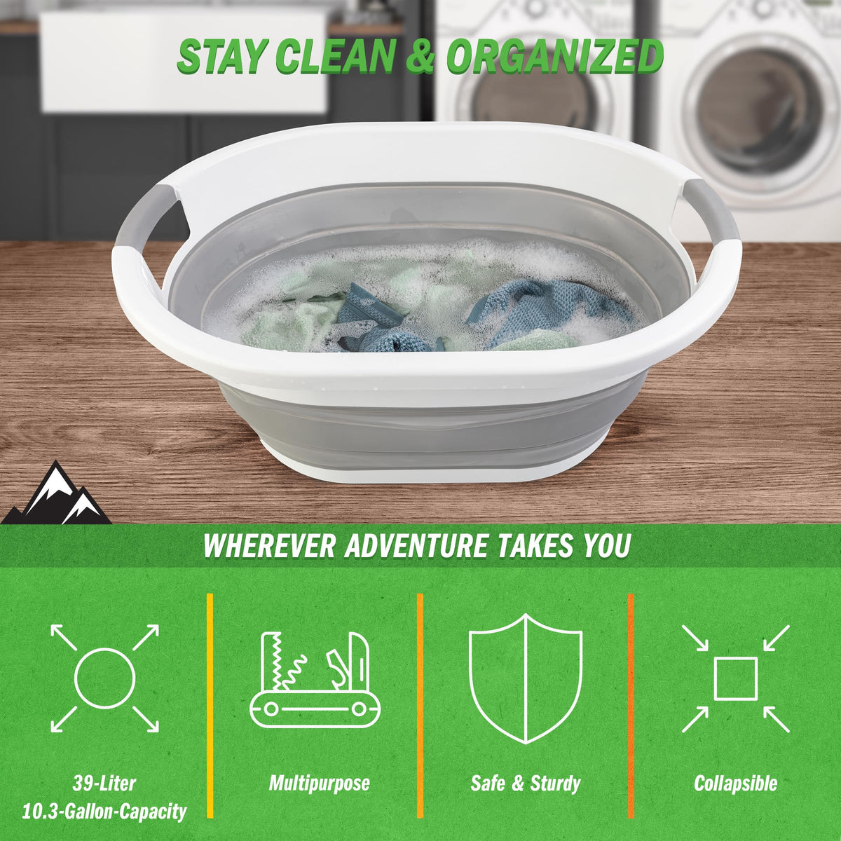 Collapsible Laundry Basket - 39L (10.3-Gallon) Portable Sink - Multipurpose Plastic Bin, Hamper, or