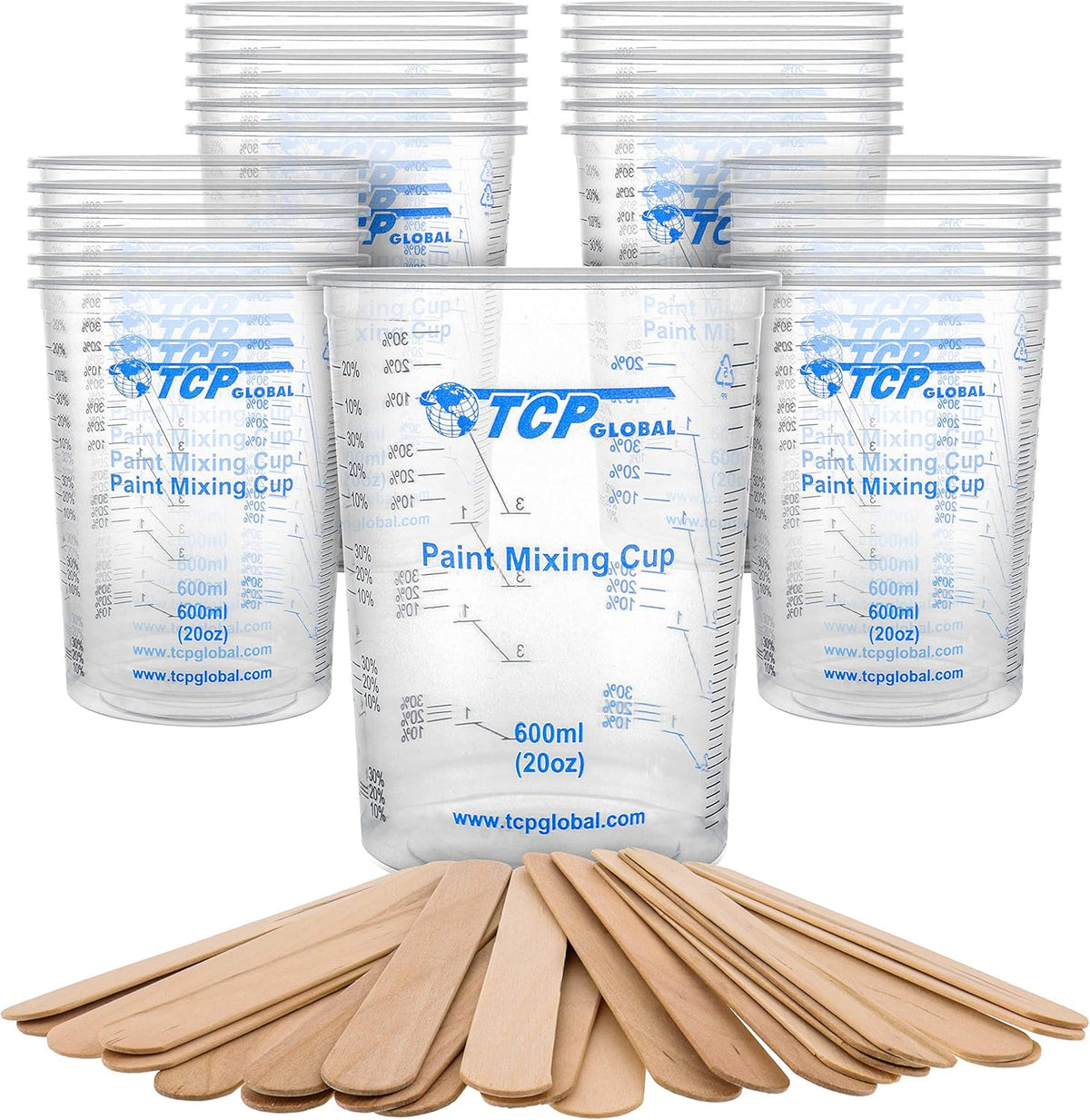 TCP Global 20 oz. (600ml) Graduated Plastic Mixing Cups - Box of 25 with 25 Mixing Sticks