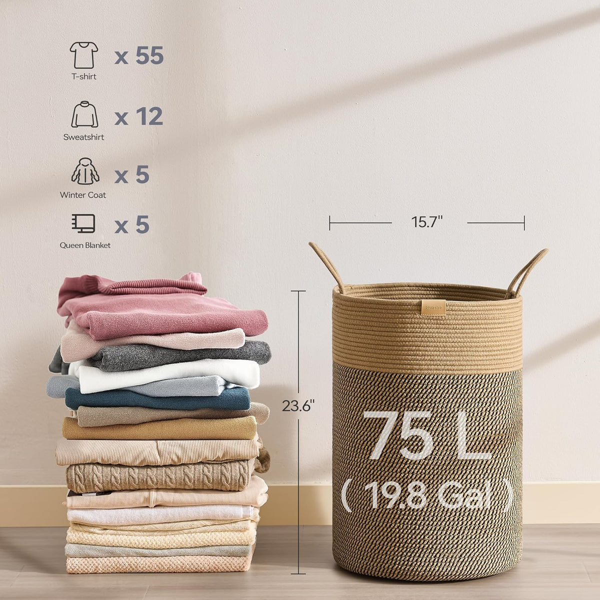 Laundry Hamper 75L,Large Laundry Basket for Clothes,Decorative Storage Basket for Blankets,Cotton