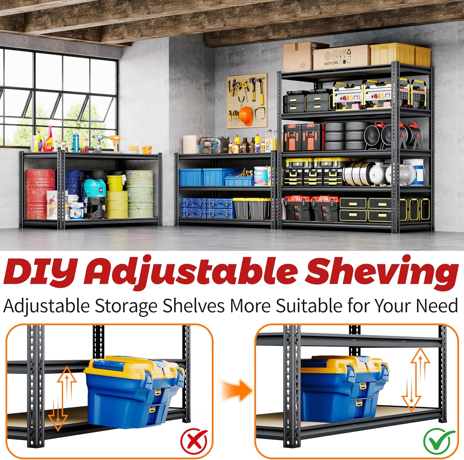 72"H Storage Shelves heavy duty, 2000LBS Garage Shelving, 5 Tier Metal Shelving Unit Adjustable