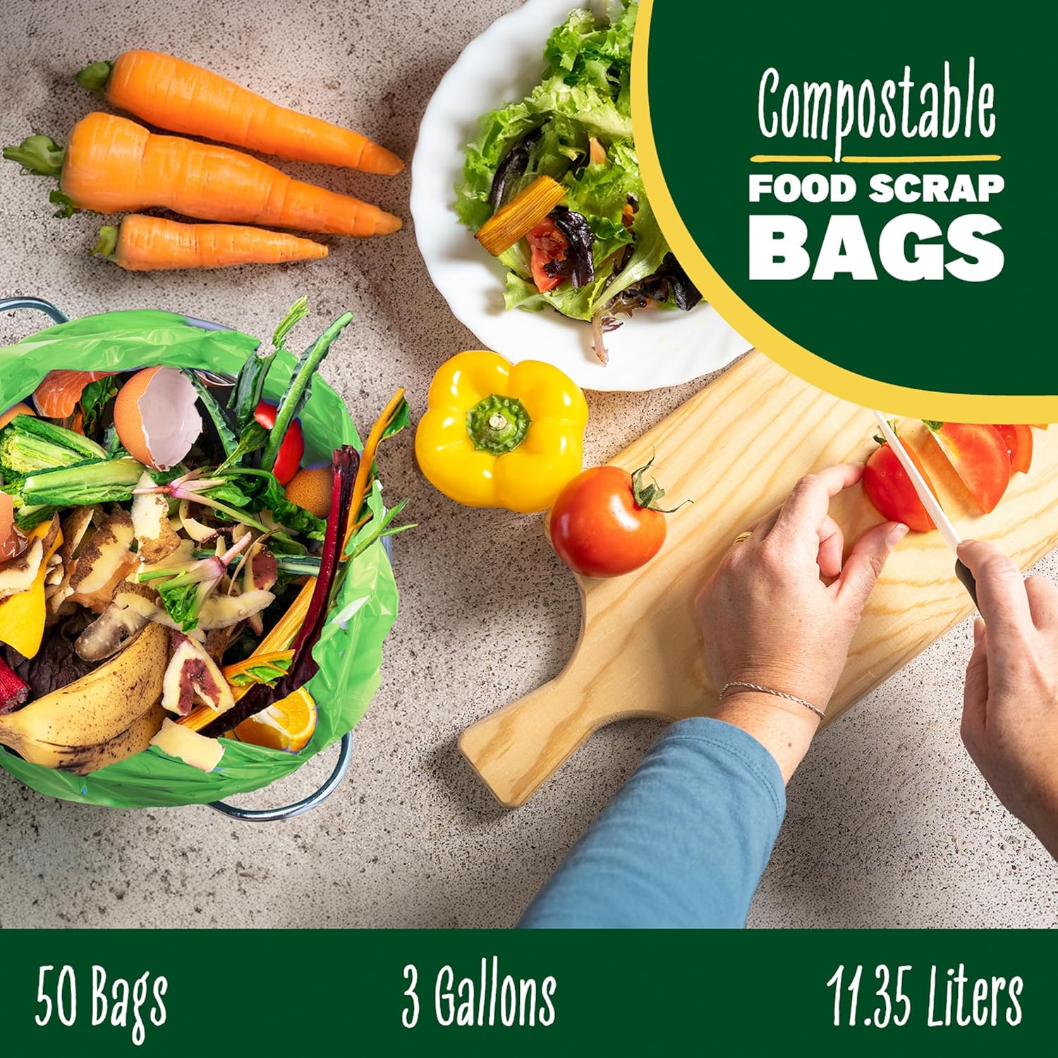 2.6-3 Gallon Compostable Trash Bags Drawstring 50 Bags Extra Thick 1 Mil 11.36 Liter Small
