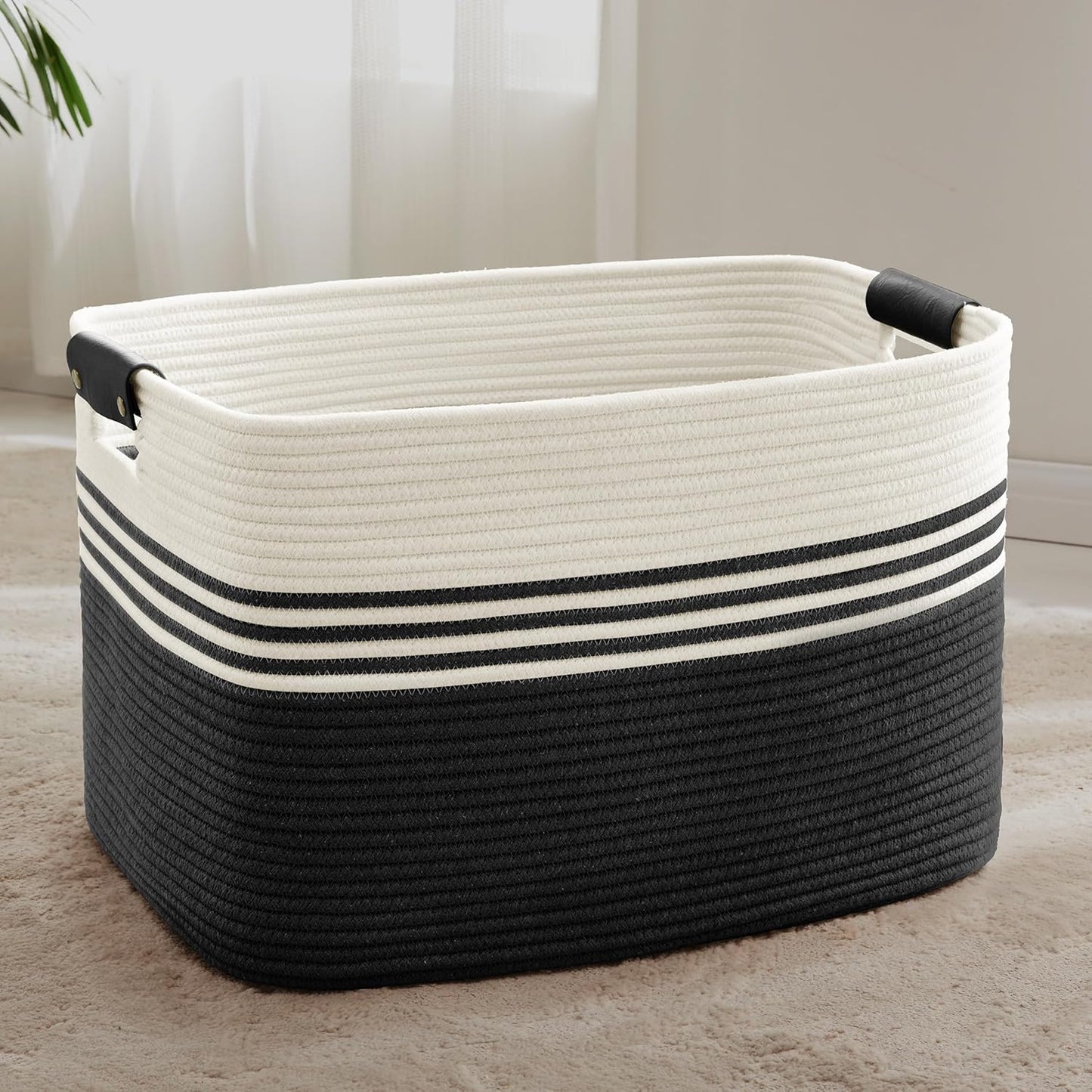 86L Extra Large Laundry Basket with Leather Handles for Living Room Storage, Woven Rope Baskets for