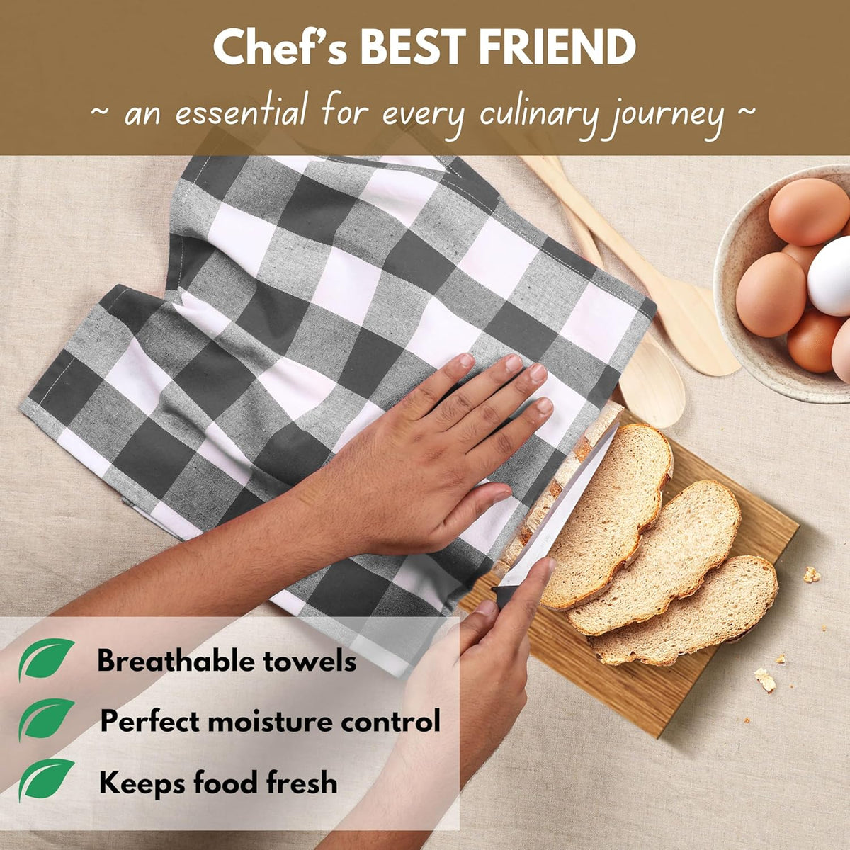 Native Fab 4-Pack Kitchen Towel with Hanging Loop 16x26 inches, Cotton Buffalo Check Kitchen Towels