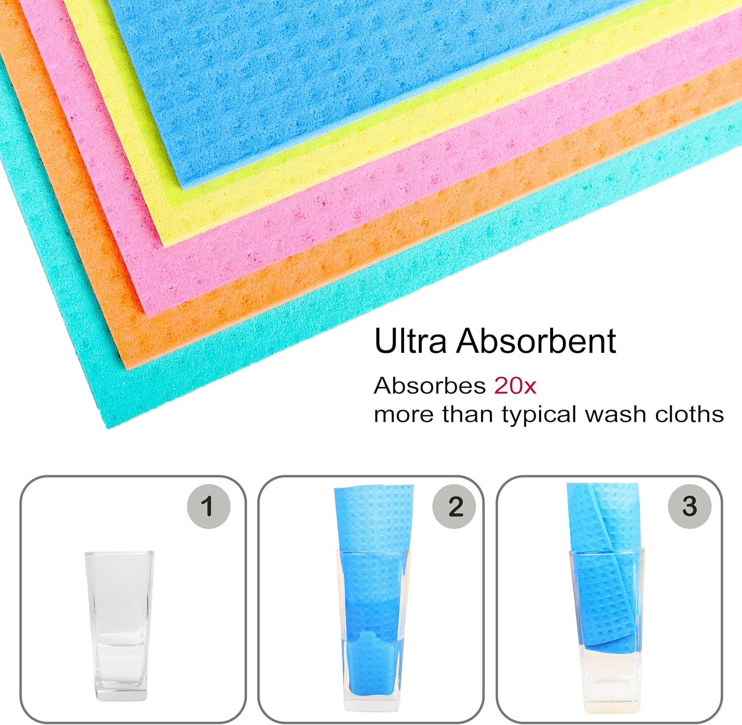 AMOUR INFINI Swedish Dishcloth Cellulose Sponge 8 Pack - No Odor, Resuable and Absorbent Cleaning