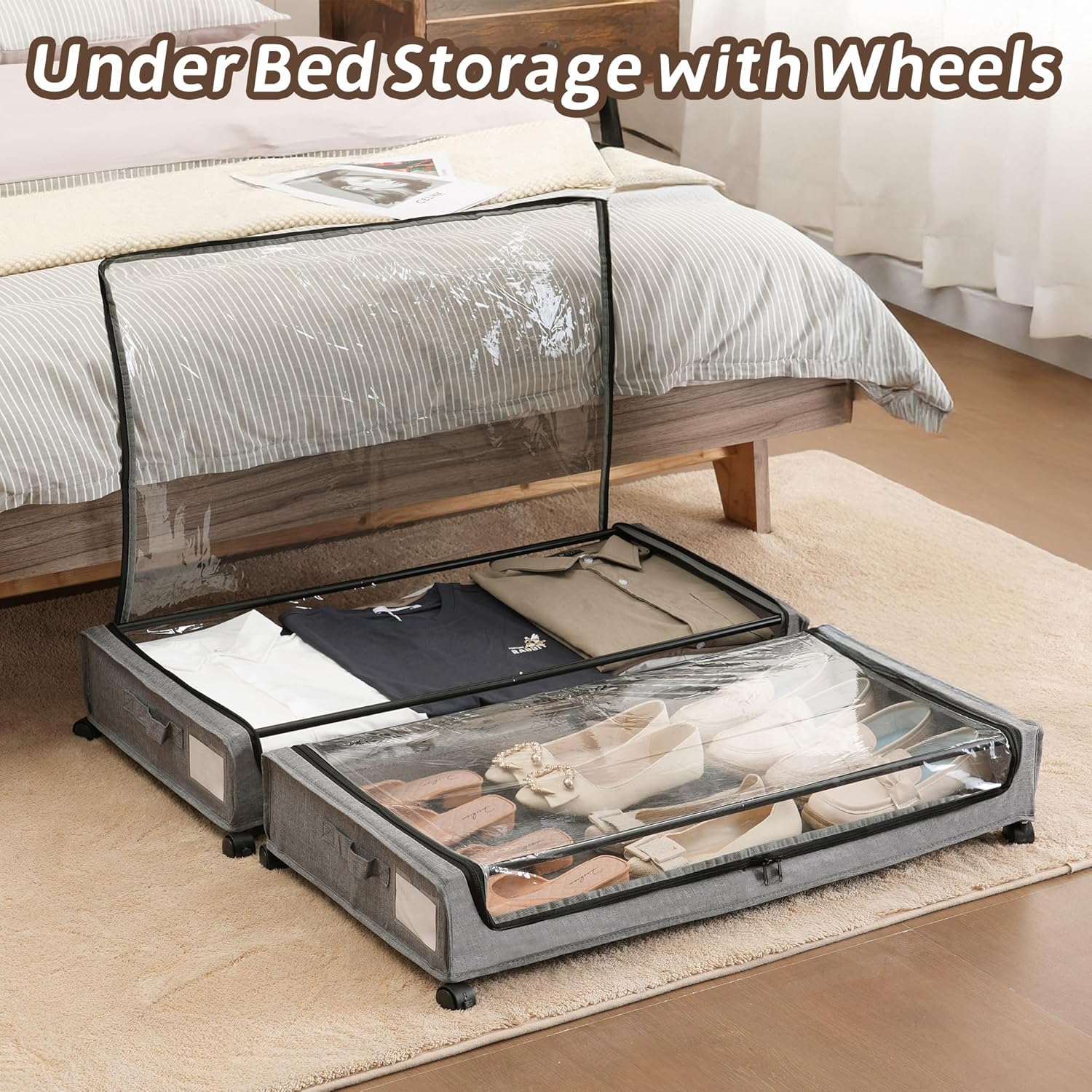 UnderBed Storage Containers, UnderBed Shoe Storage with Wheels, Under Bed Drawers for Clothes Book