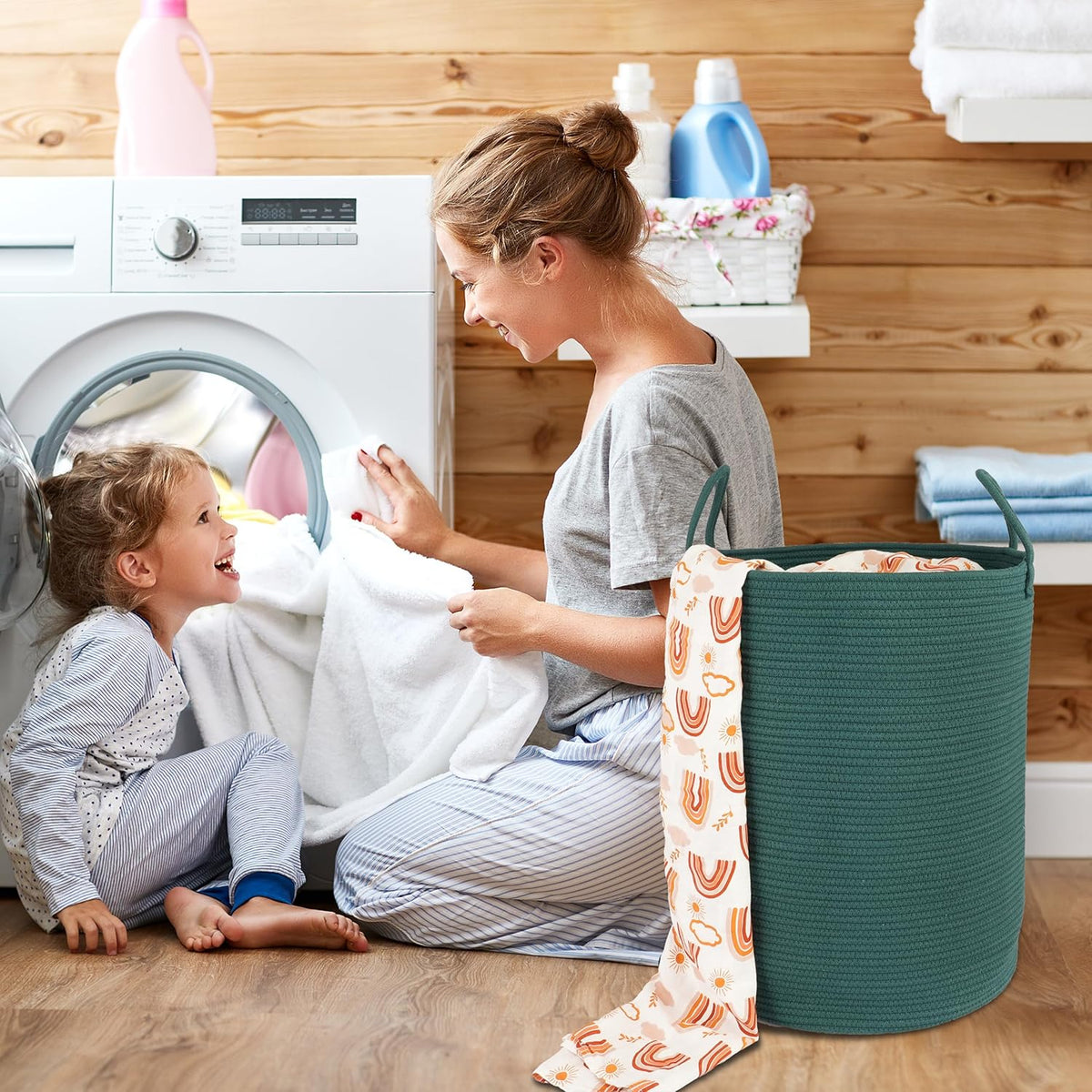Cotton Rope Laundry Basket Hamper for Clothes Woven Storage Basket for Living Room Bedroom Boho