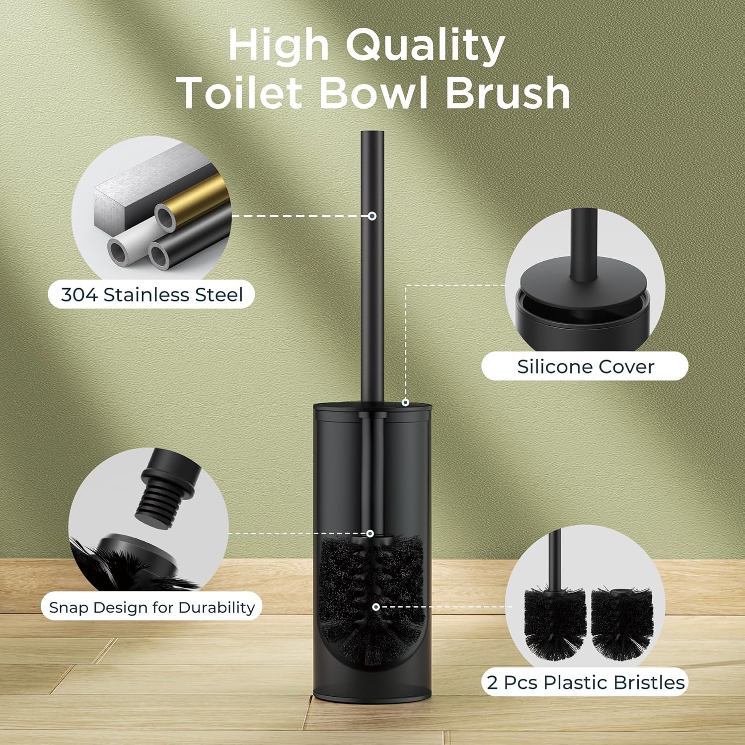 Toilet Brush and Holder Set, Toilet Bowl Brush with Heavy Duty 304 Stainless Steel Base and Extra