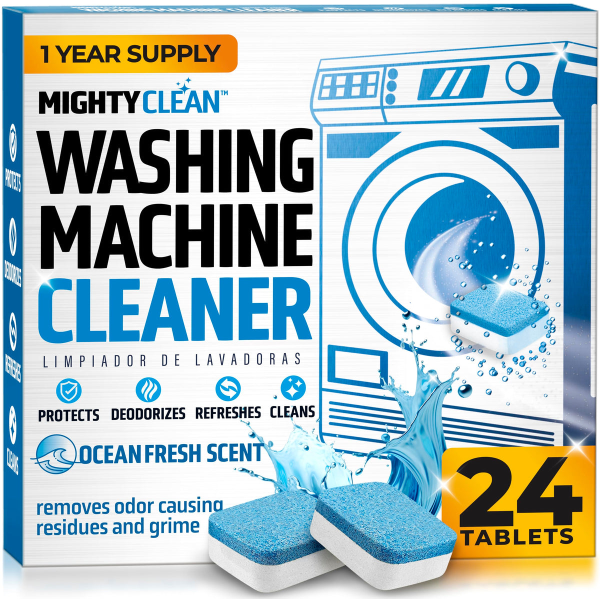 MIGHTY CLEAN Washing Machine Cleaner Tablets 24 Pack - 1 Year Supply, Septic Safe Washing Machine