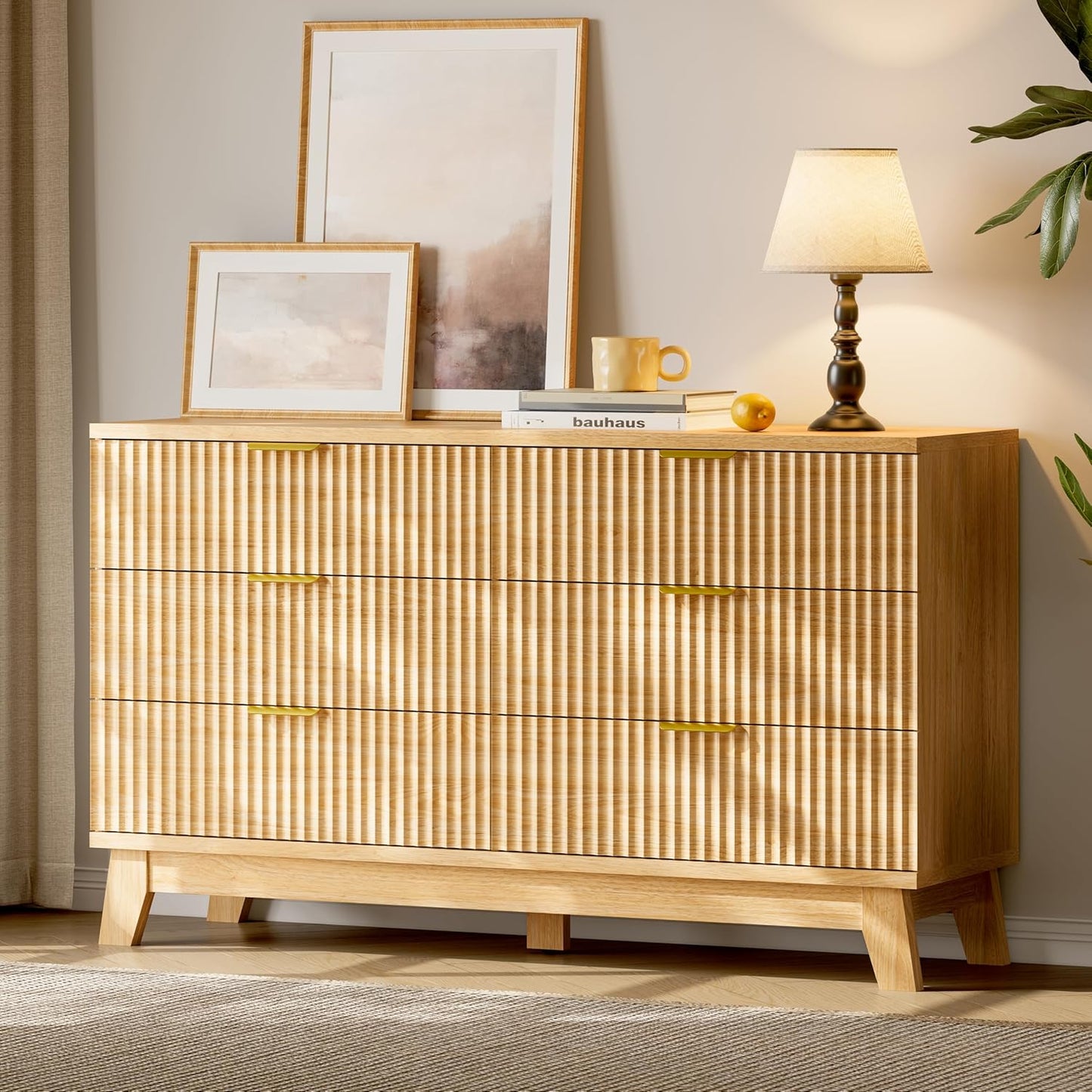 Fluted Dresser with 6 Drawers, 54" Wide Modern Chest of Drawers with Metal Handle, Wooden Dresser
