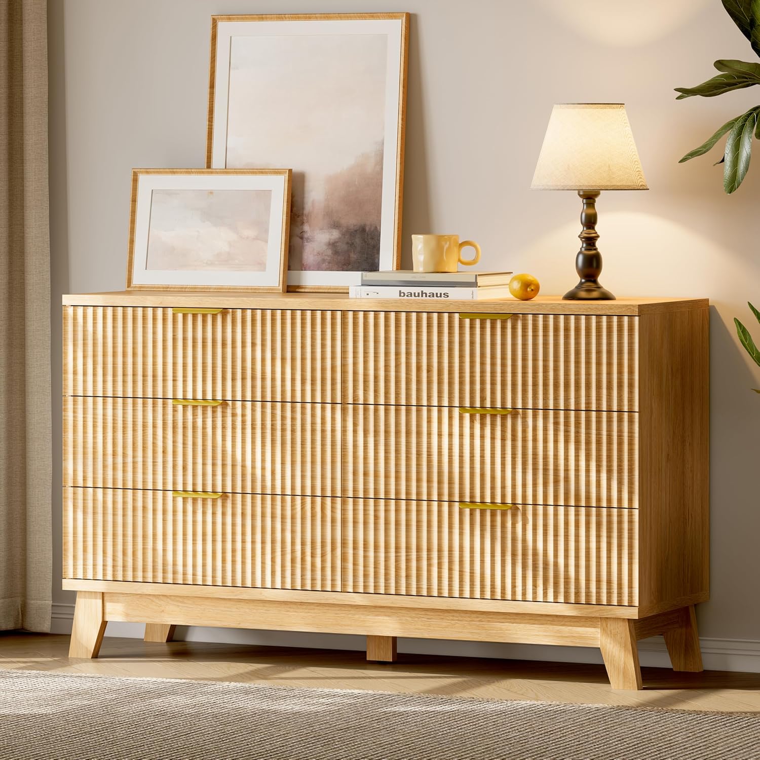 Fluted Dresser with 6 Drawers, 54" Wide Modern Chest of Drawers with Metal Handle, Wooden Dresser