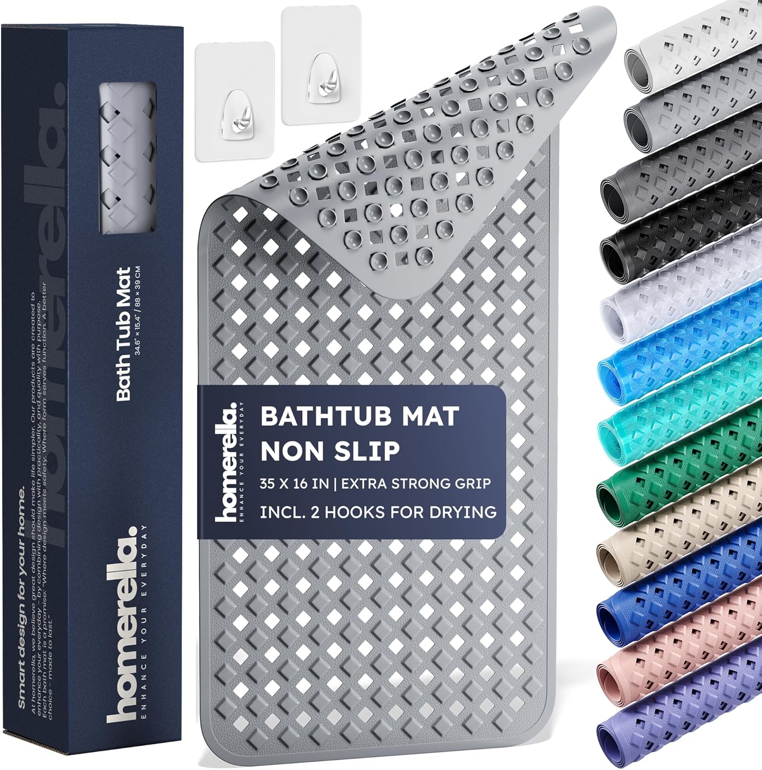 homerella® Bathtub Mat Non Slip 35x16, Incl. Hooks for Drying, Extra Long, 100% BPA Free, Shower