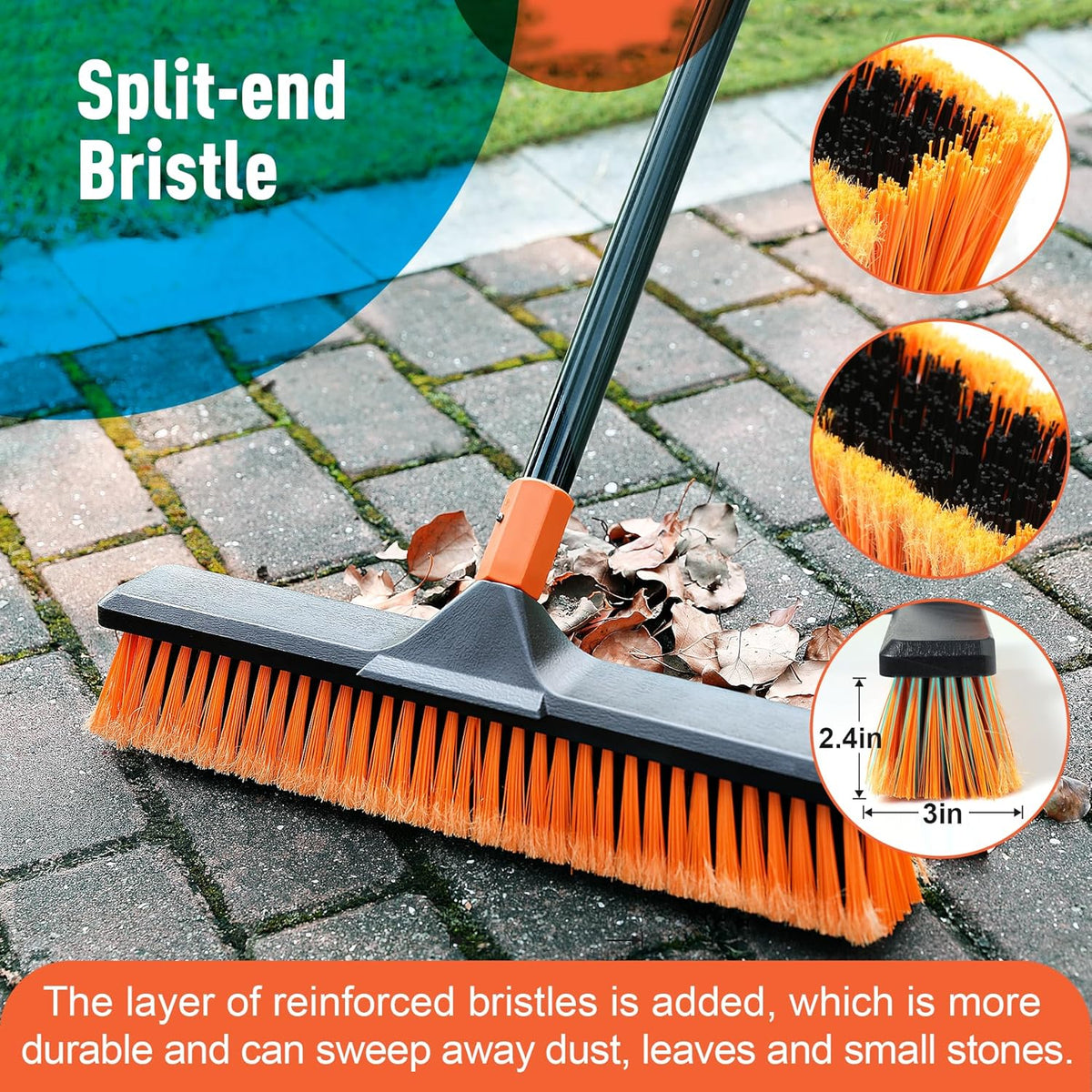18" Push Broom Outdoor for Floor Cleaning with Extendable Long Handle, Stiff Bristle Heavy Duty